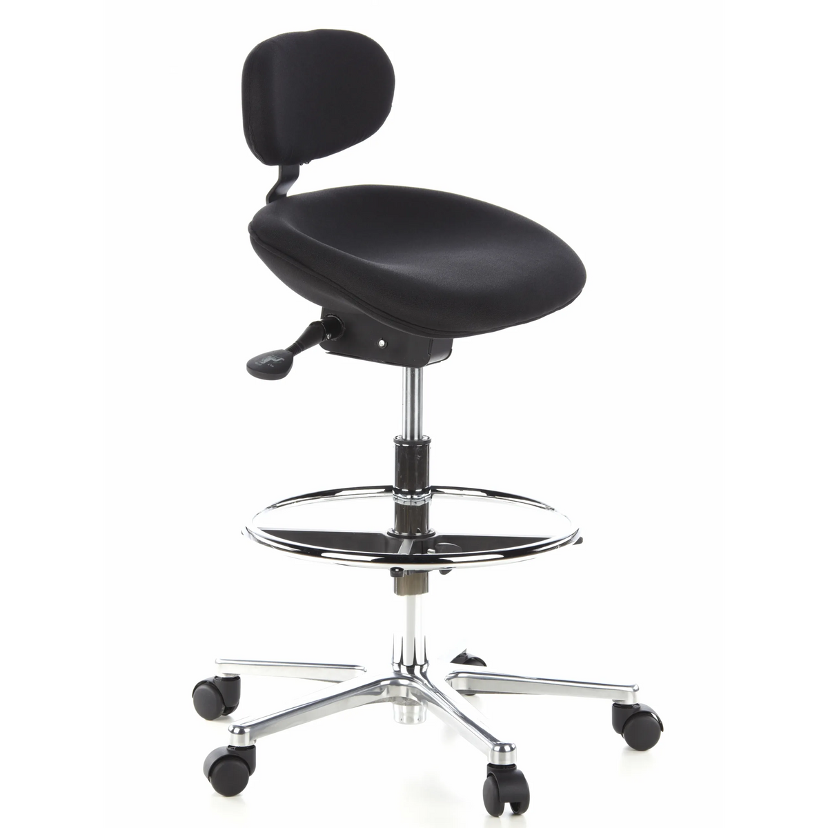 Chaise de comptoir WORK MF noire avec repose-pieds et base à cinq roulettes de hjh OFFICE – vue à 360° (vue de trois quarts avant 60°)