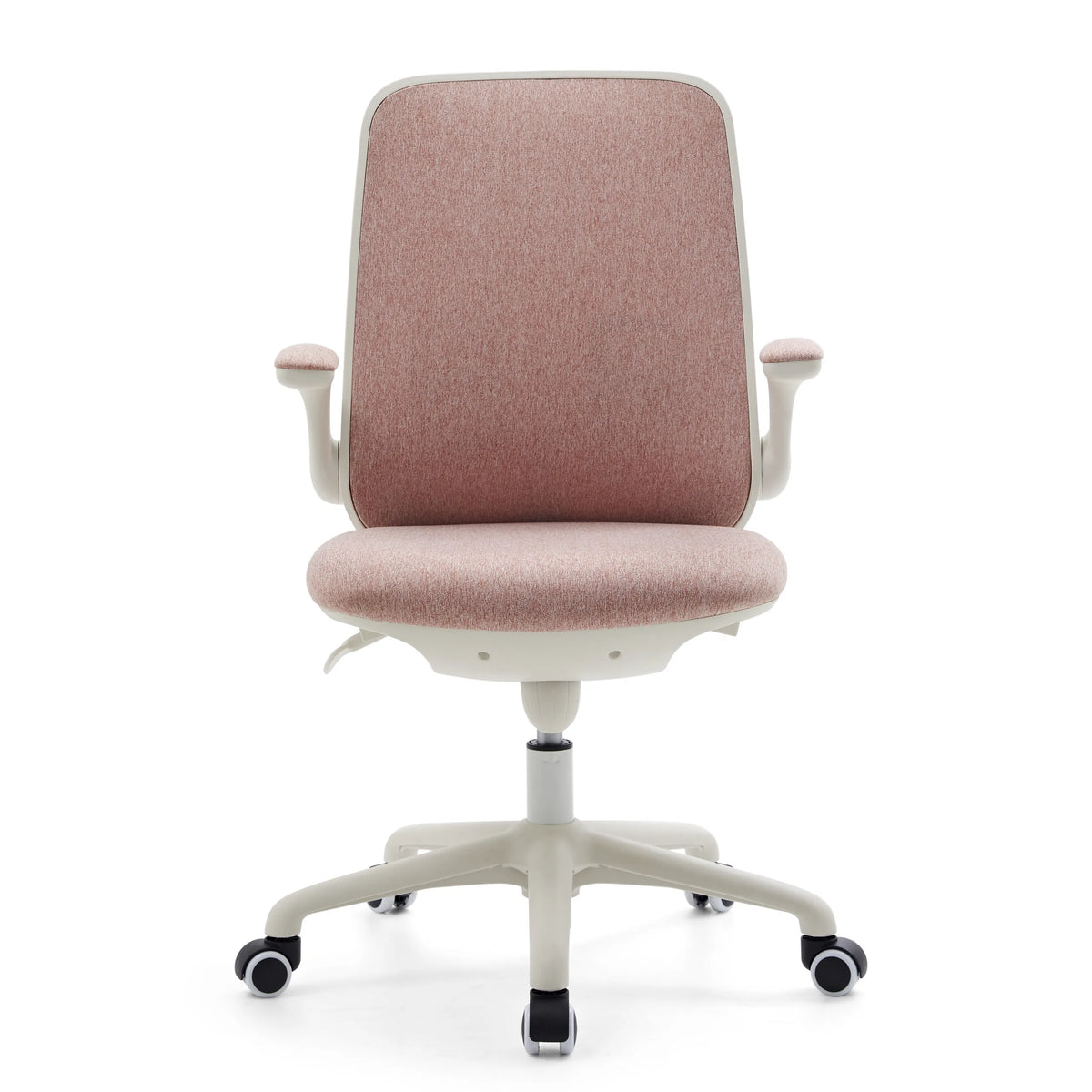Chaise pivotante pour des enfants Swivelo rose avec accoudoirs et base blanche à cinq roulettes de hjh OFFICE – vue à 360° (vue de face 0°)