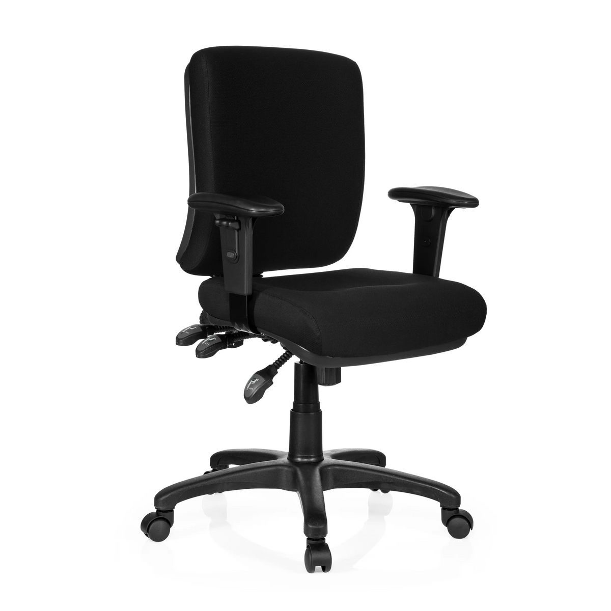 Siège de bureau de qualité professionnelle ZENIT BASE noir avec accoudoirs et pied à cinq roulettes de hjh OFFICE – vue à 360° (vue de trois quarts avant 40°)