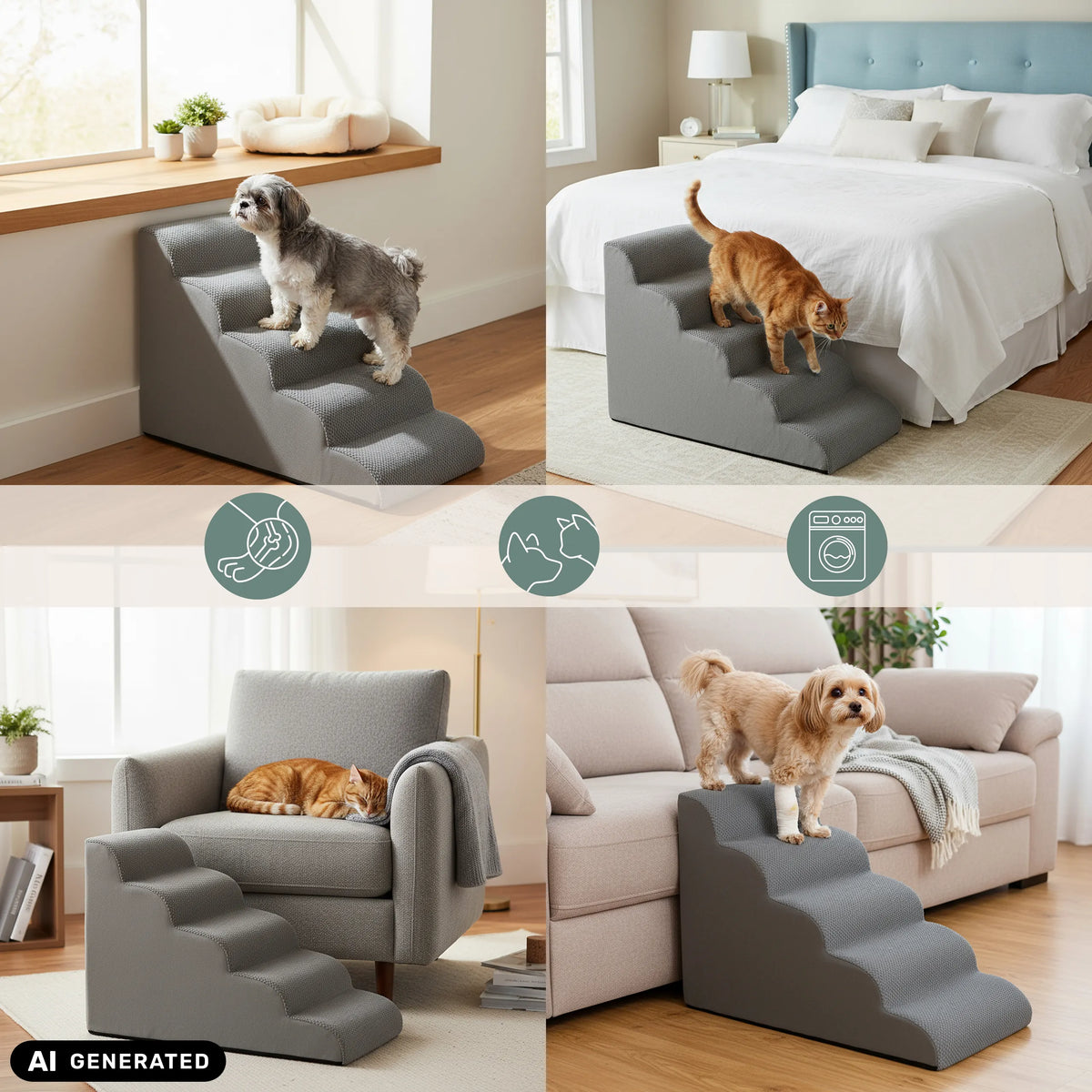 Escabeau pour animaux de compagnie PAWY STEP 5 gris à trois marches dans différentes situations d'habitat de hjh LIVING (image générée par IA)