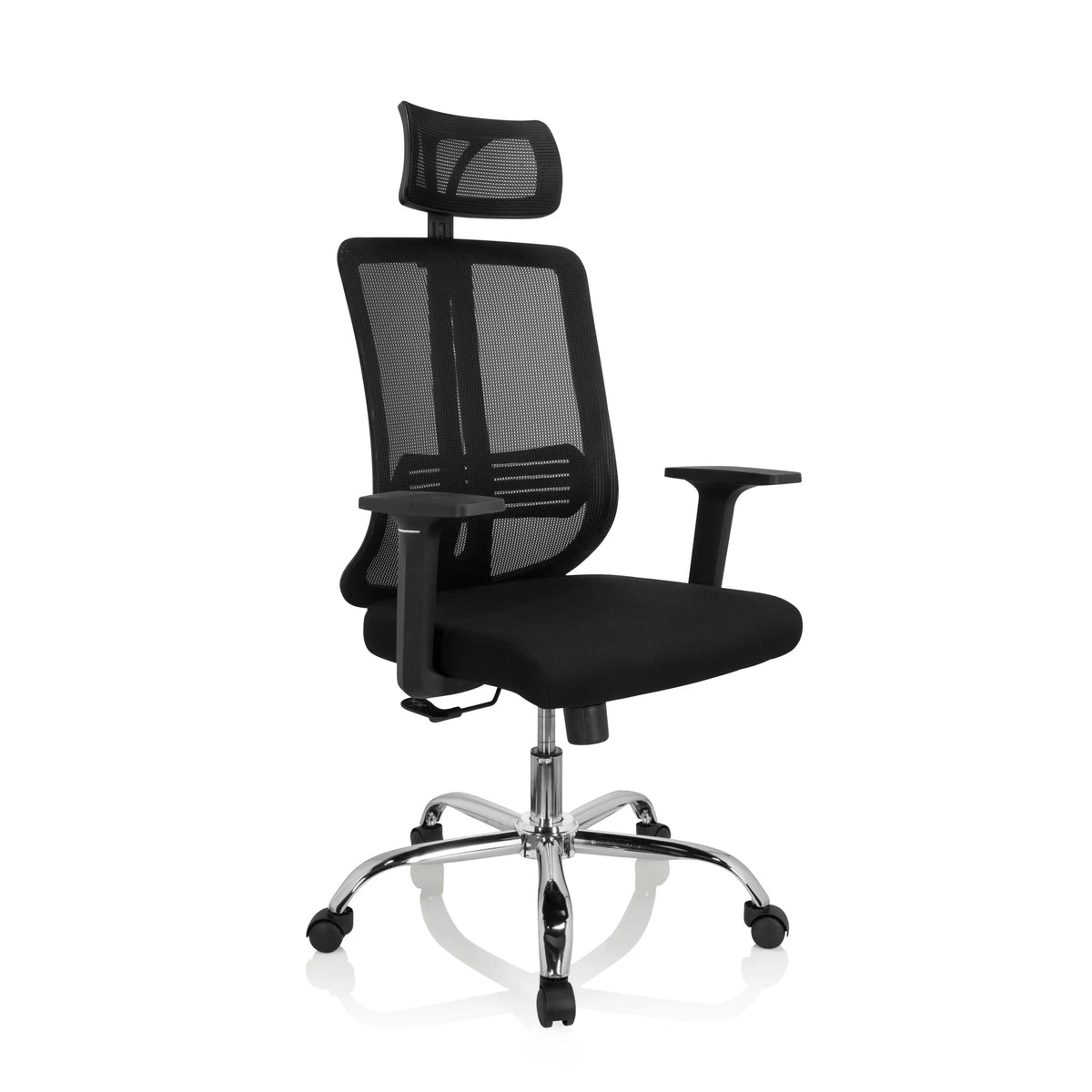 Siège de bureau à domicile ZH 200 noir avec dossier en maille et base à cinq roulettes de hjh OFFICE – vue à 360° (vue de trois quarts avant 40°)