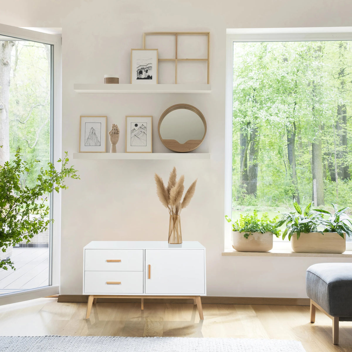Buffet blanc TAROLO avec deux tiroirs et un compartiment de rangement sur pieds en bois de hjh LIVING