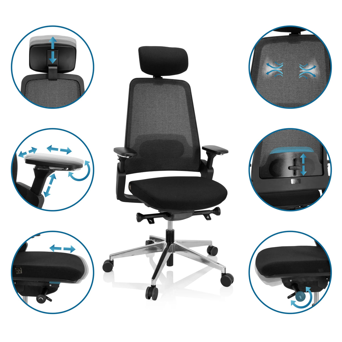 Différentes options de réglage du Siège de bureau de qualité professionnelle BRACIO en noir de hjh OFFICE
