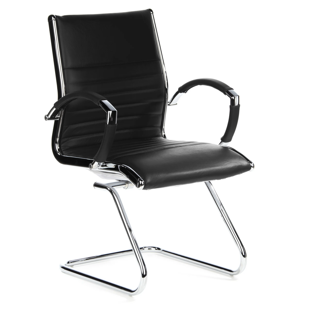 Chaises cantilever PARMA V noires avec traverses et accoudoirs de hjh OFFICE – vue à 360° (vue de trois quarts avant 40°)