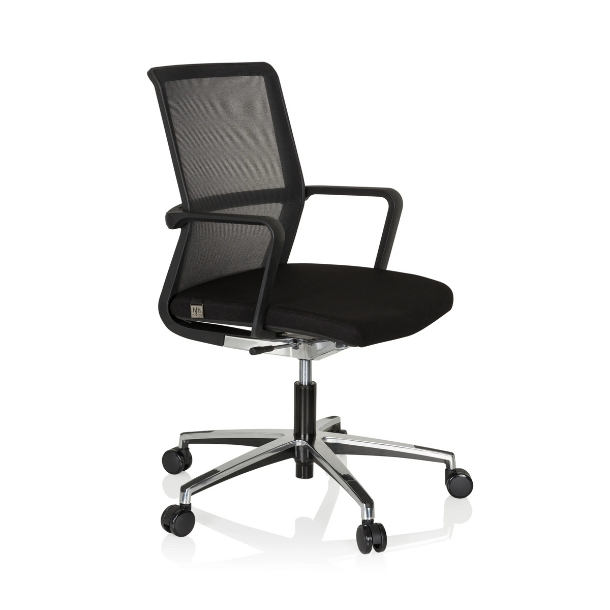 Siège de bureau de qualité professionnelle MOVE-TEC NET 3D noir avec dossier en maille et base à cinq roulettes de hjh OFFICE – vue à 360° (vue de trois quarts avant 60°)