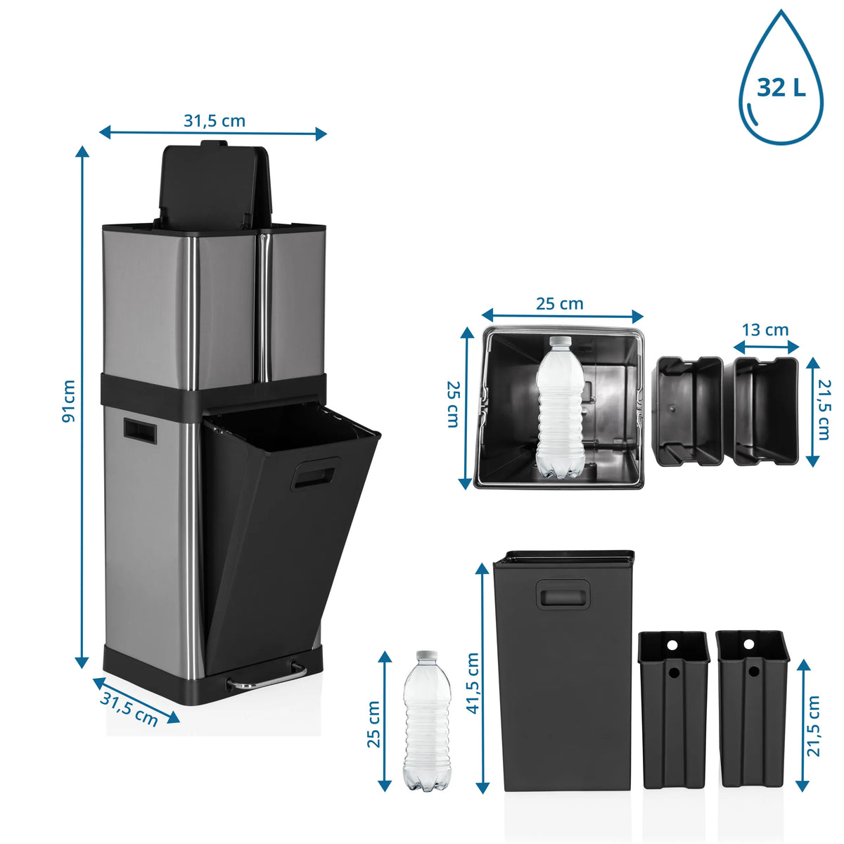Dessin dimensionnel de la Poubelle CLEAN 3 avec une hauteur de 91 cm et un volume de 32 l de hjh OFFICE