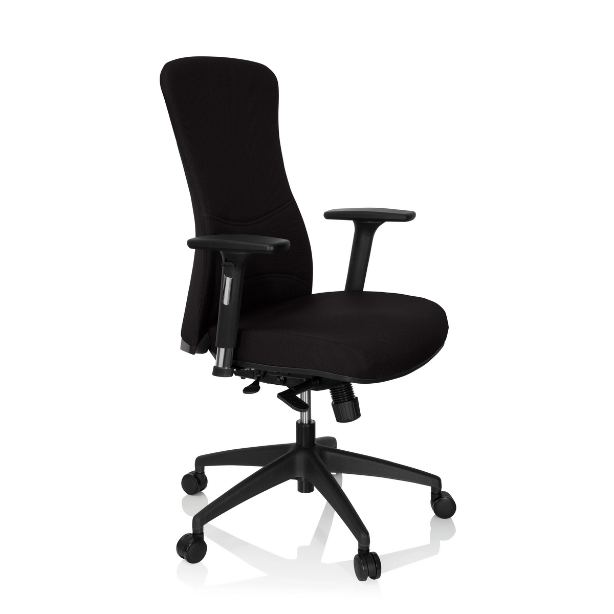 Schwarzer Profi-Bürostuhl OFFICE XT PRO mit Armlehnen und Fußkreuz mit fünf Rollen von hjh OFFICE – 360-Grad-Ansicht (schräge Frontansicht 60°)