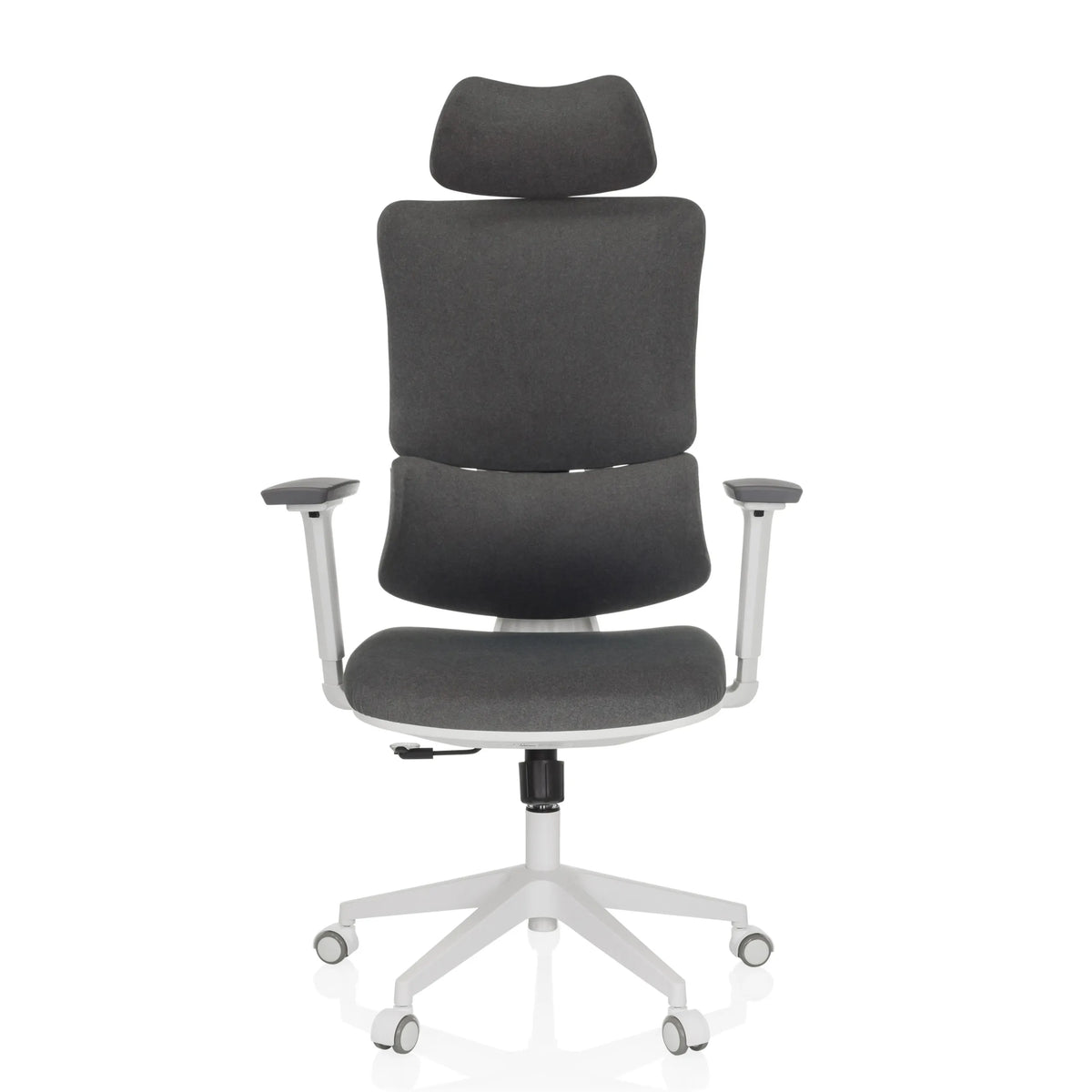 Siège de bureau à domicile ERGOMY WF gris avec revêtement en tissu, cadre blanc et base à cinq roulettes de MyBuero – vue à 360° (vue de face 0°)