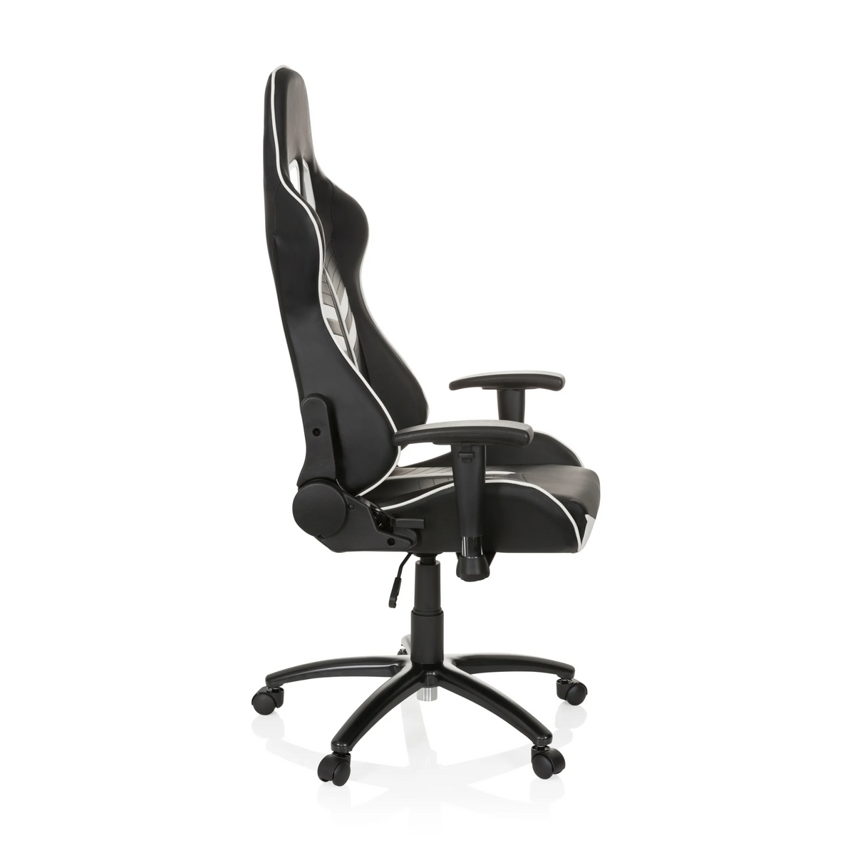 Fauteuil Gamer LEAGUE PRO noir et blanc avec appui-tête et base à cinq roulettes de hjh OFFICE – vue à 360° (vue de profil 80°)