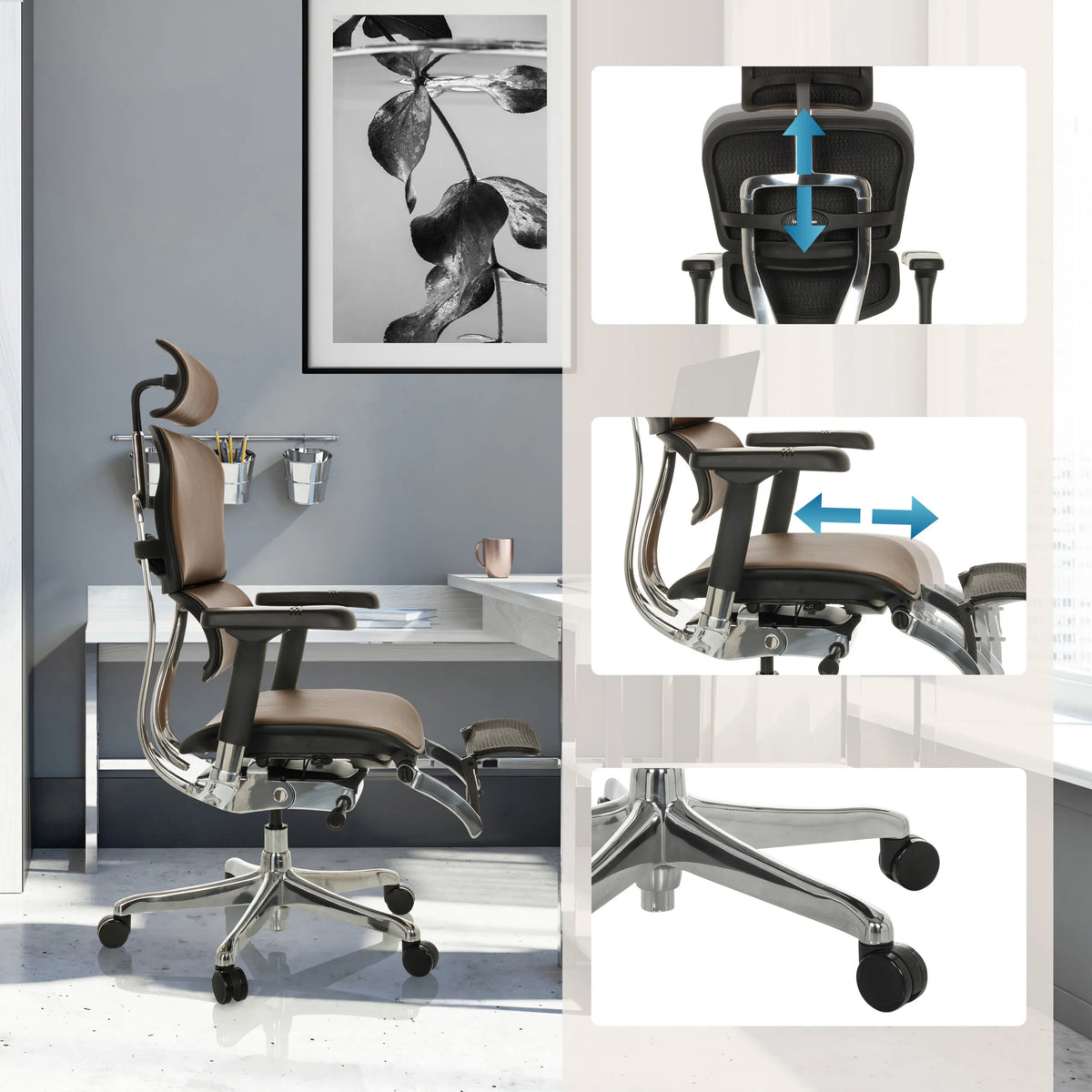 Appuie-tête et accoudoirs réglables du Siège de direction de luxe ERGOHUMAN PLUS LEGPRO GEN2 en marron de hjh OFFICE