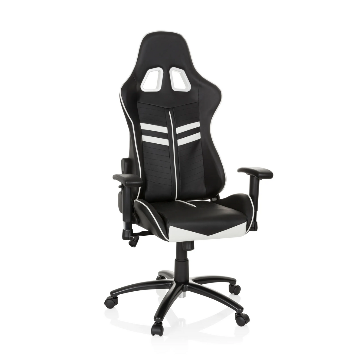 Fauteuil Gamer LEAGUE PRO noir et blanc avec appui-tête et base à cinq roulettes de hjh OFFICE – vue à 360° (vue de face 20°)