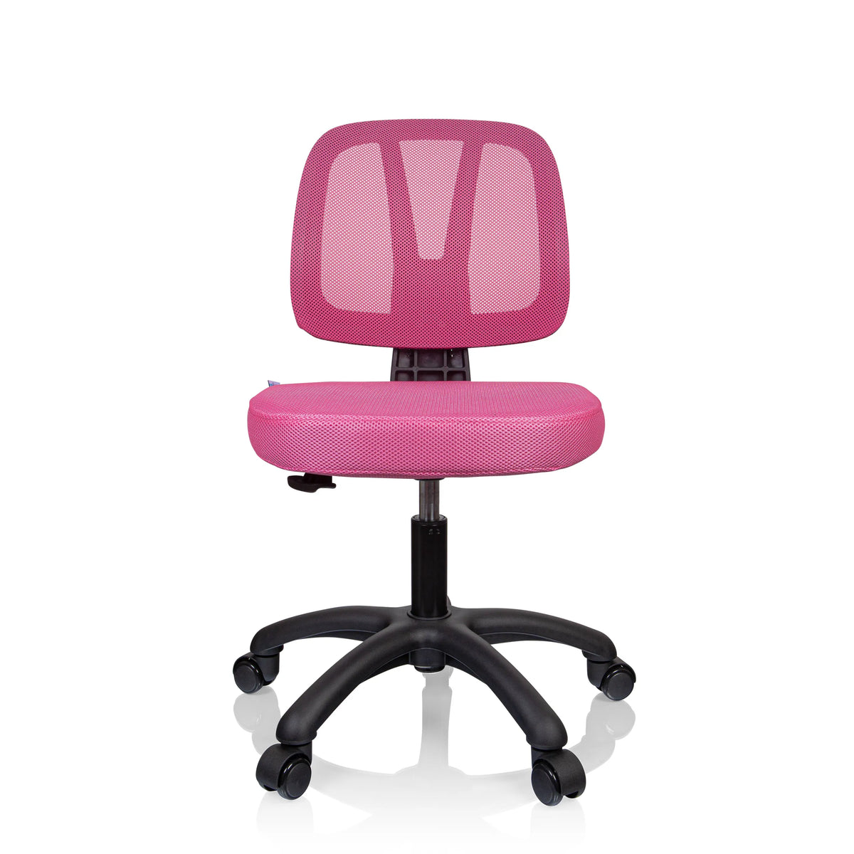 Chaise pivotante pour des enfants KID YU 200 rose avec dossier en maille et pied noir à cinq roulettes de hjh OFFICE – vue à 360° (vue de face 0°)