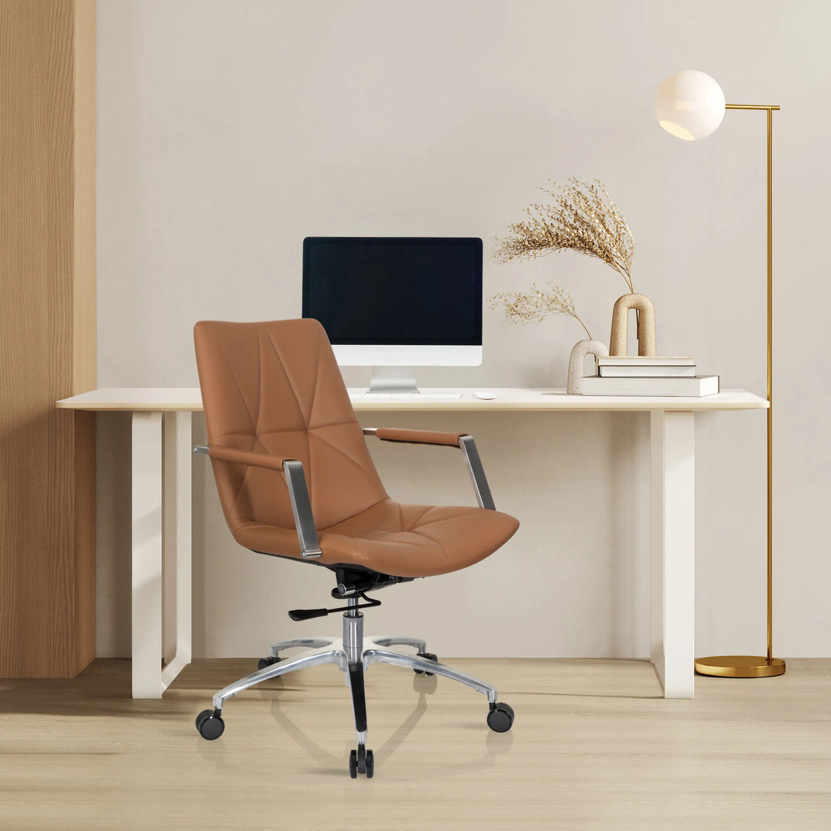 Siège de bureau à domicile SARANTO II couleur camel avec accoudoirs et pied en chrome de hjh OFFICE
