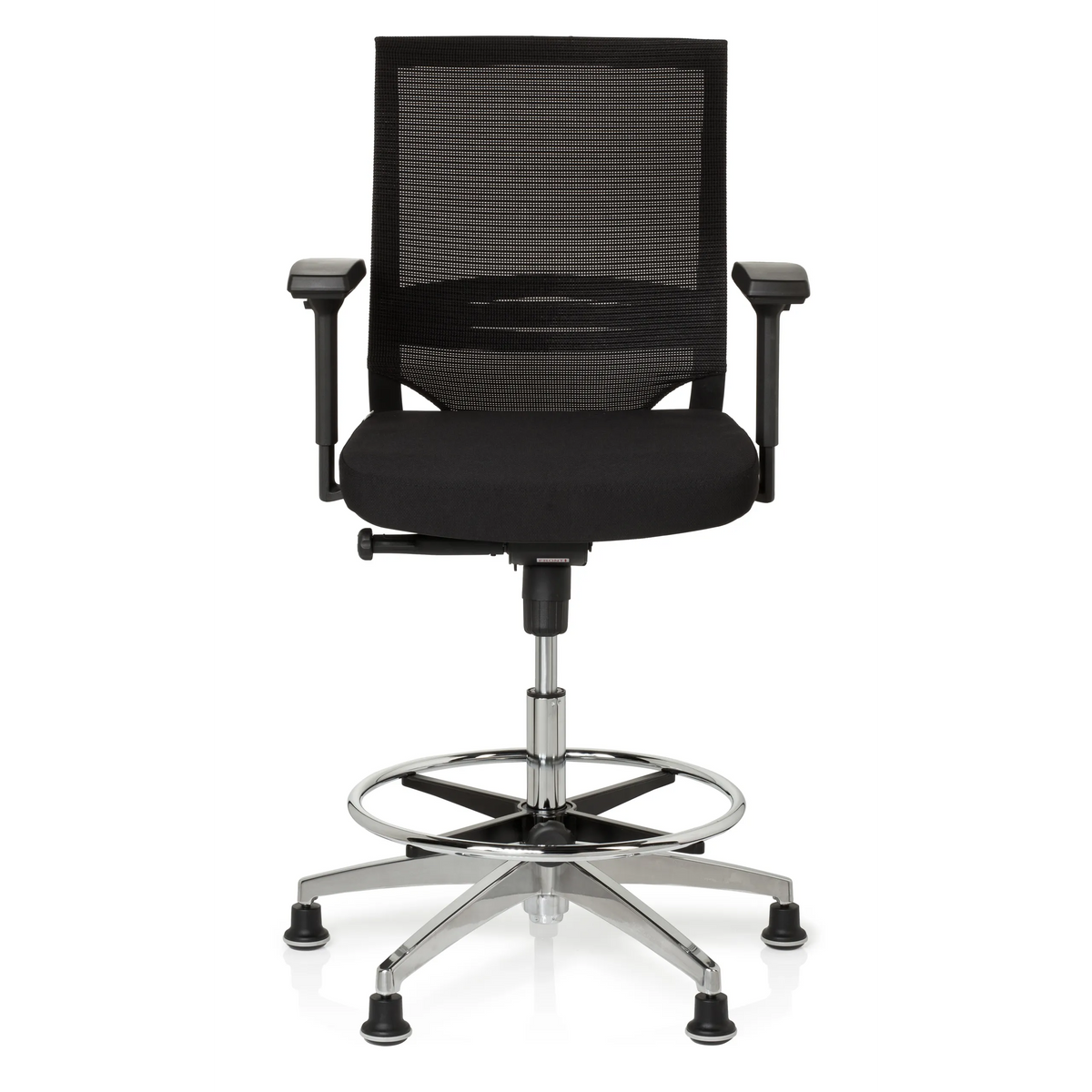 Chaise de comptoir TOP WORK 77 noire avec dossier en maille, repose-pieds et cinq patins de hjh OFFICE – vue à 360° (vue de face 0°)