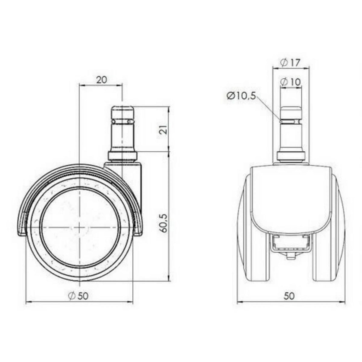 Dessin technique des Roulettes 5x ROLO FIX 10mm/50mm d'un diamètre de 50 mm de hjh OFFICE