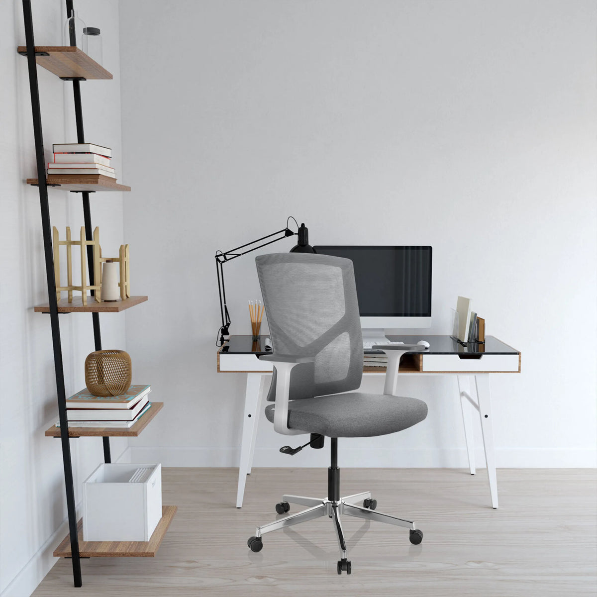 Siège de bureau à domicile BRETON BASE W gris avec dossier en maille et accoudoirs de hjh OFFICE