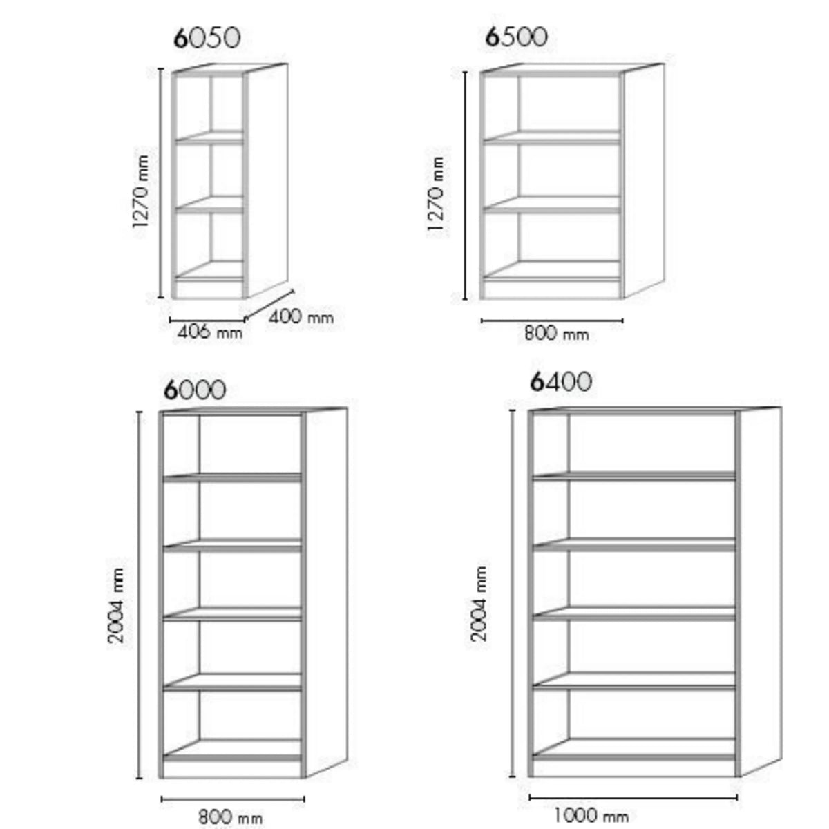 Dessin technique des étagères SIGNA 6010 en quatre versions jusqu'à 2004 mm de hauteur de hjh OFFICE PRO