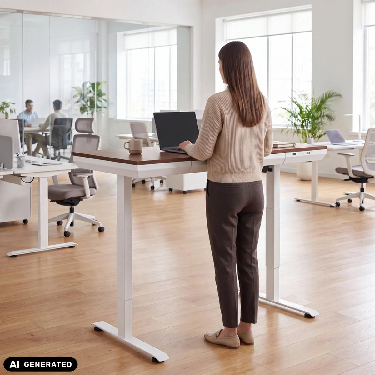 Bureau réglable en hauteur électriquement Worktime Plus en noyer et blanc de hjh OFFICE (image générée par IA)