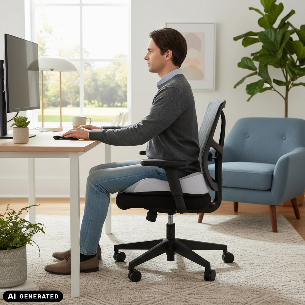 Coussin de siège MEDISIT IV gris sur une chaise de bureau noire de hjh OFFICE (image générée par IA)