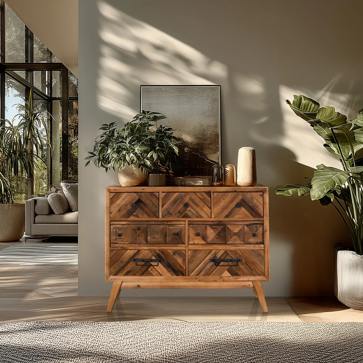 Buffet SANTJAGO WOOD XL aspect bois marron foncé avec six tiroirs et poignées noires de hjh LIVING