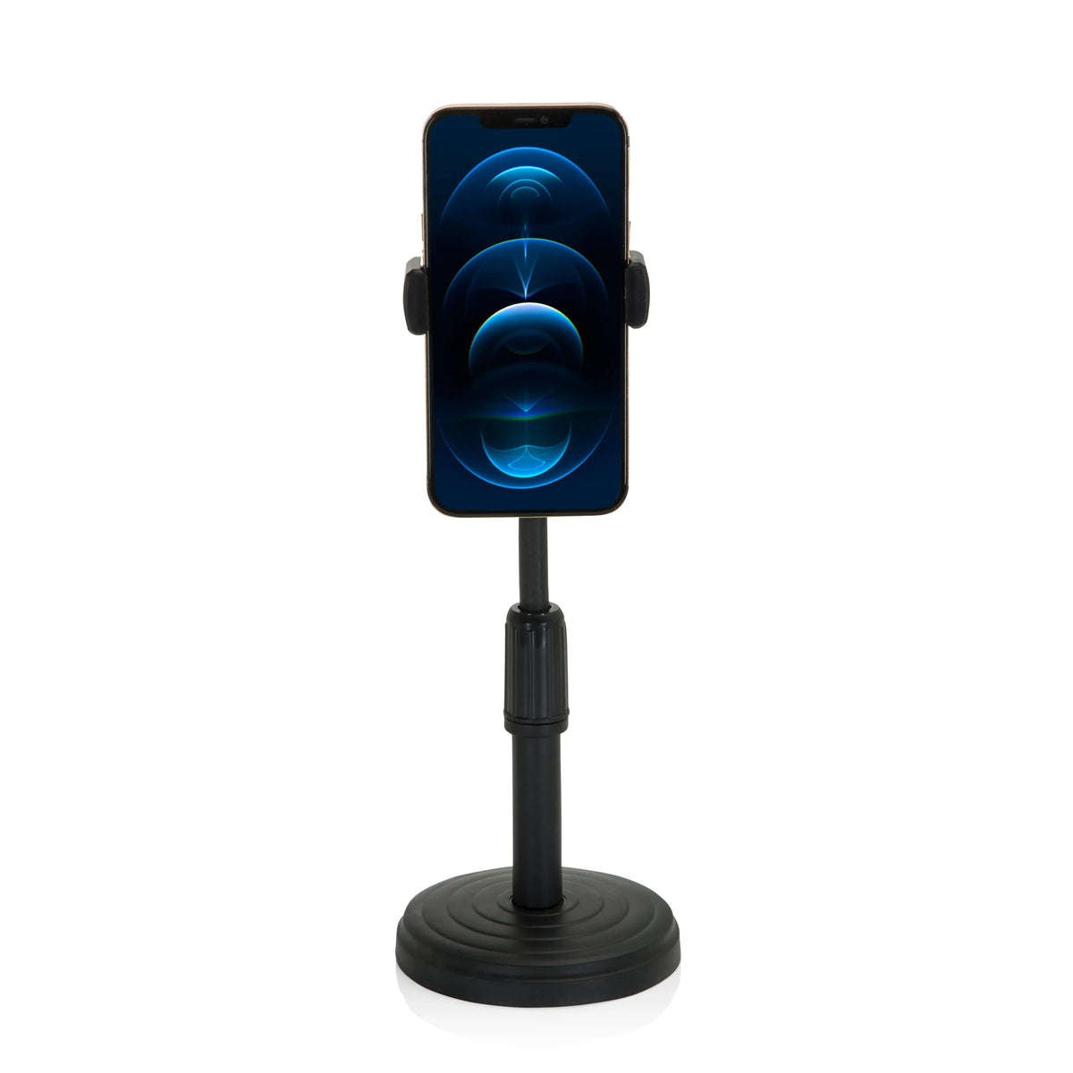Support de téléphone portable & tablette FLEXMOBI II noir avec pied rond et tige télescopique de hjh OFFICE – vue à 360° (vue de face 0°)
