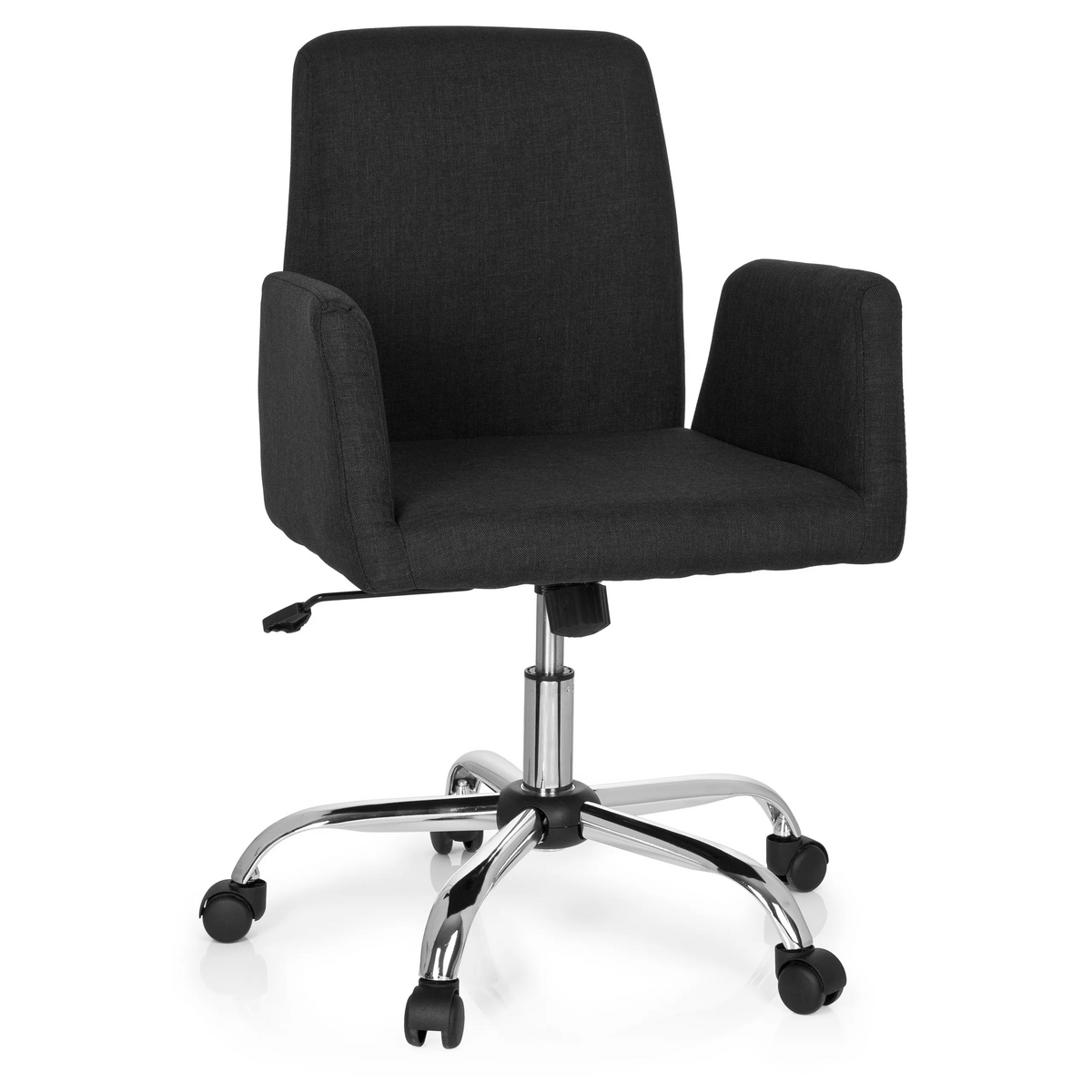 Siège de bureau à domicile FLOW noir avec accoudoirs et pied à cinq roulettes brillant de hjh OFFICE – vue à 360° (vue de face 20°)