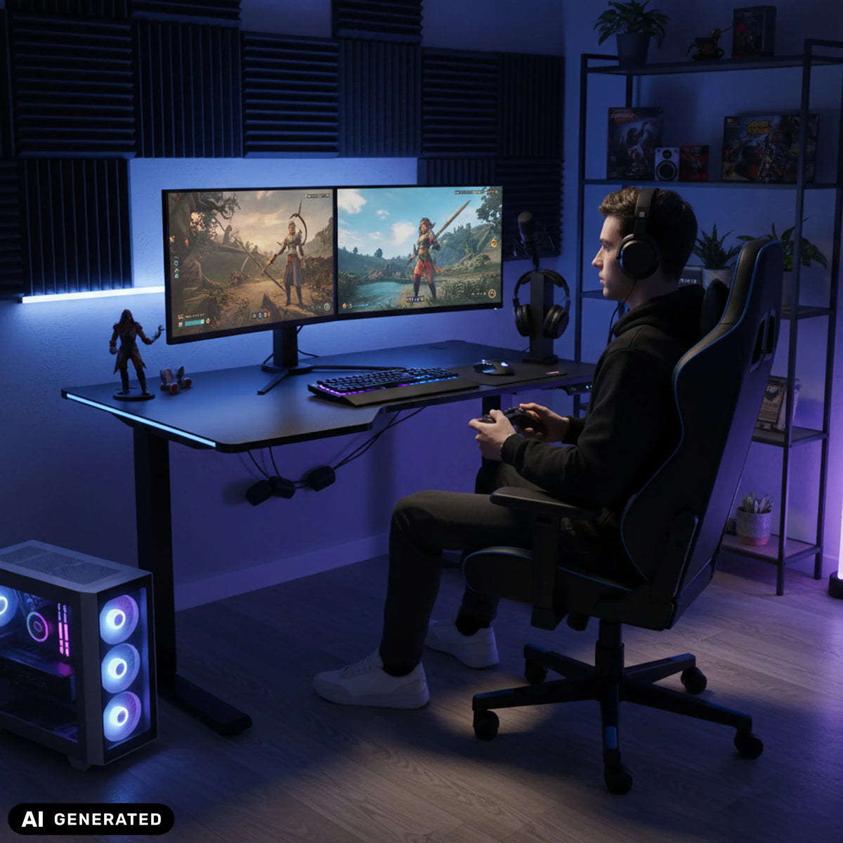 Bureau réglable en hauteur électriquement Worktime Game en noir avec deux moniteurs de hjh OFFICE (image générée par IA)