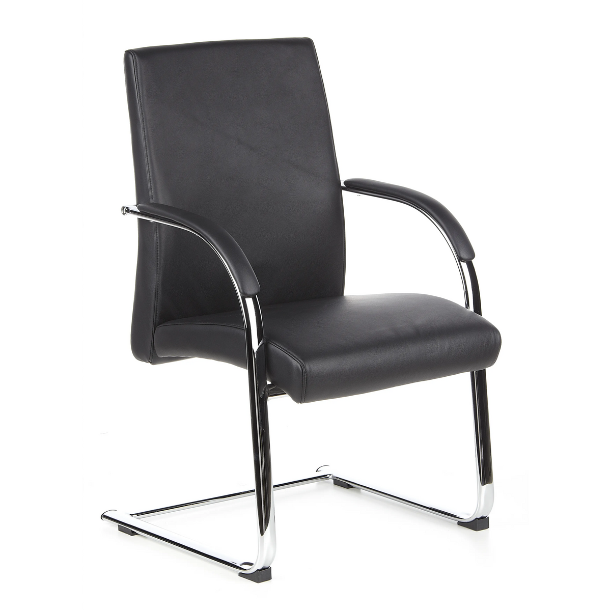 Chaises cantilever BAROLO V noires avec accoudoirs et piètement luge chromé de hjh OFFICE – vue à 360° (vue de trois quarts avant 40°)