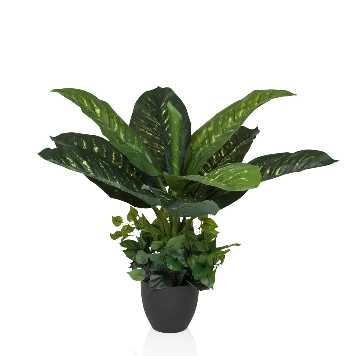 Plante artificielle verte DIEFFENBACHIA aux grandes feuilles dans un cache-pot noir de hjh OFFICE