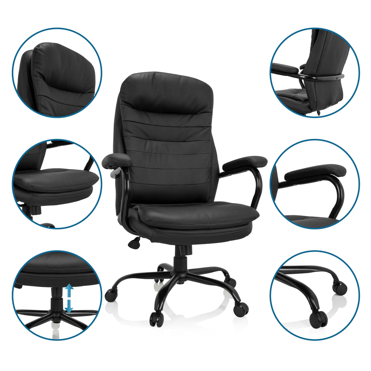 Schwarzer Drehstuhl RELAX XXL B aus Kunstleder mit Detailansichten von Armlehnen und Fußkreuz von hjh OFFICE