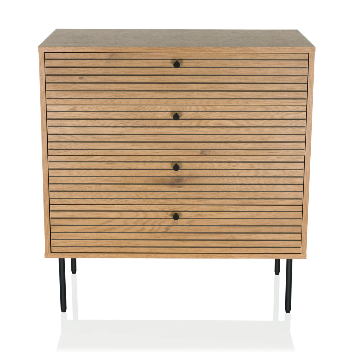 Commode LINNO K couleur chêne avec façades rainurées et quatre pieds noirs de hjh LIVING – vue à 360° (vue de face 0°)