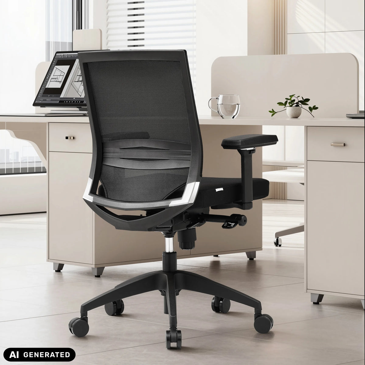 Siège de bureau de qualité professionnelle noir PORTO BASE avec dossier en maille et accoudoirs de hjh OFFICE (image générée par IA)