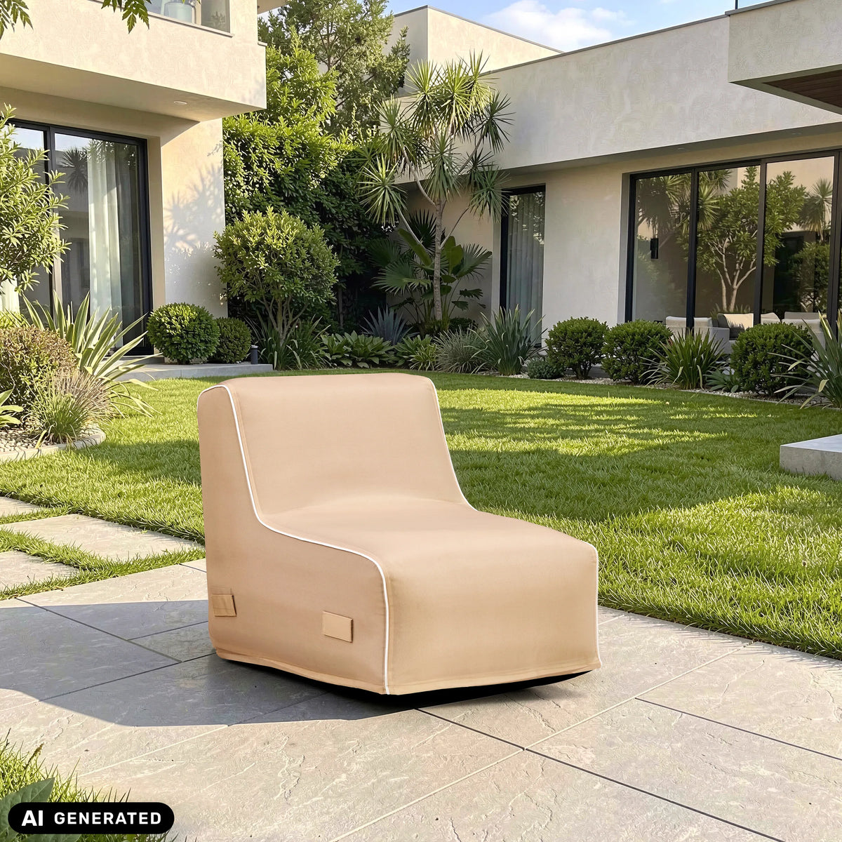 Canapé gonflable Sitzolo Air beige sur une terrasse devant un espace vert de hjh LIVING (image générée par IA)