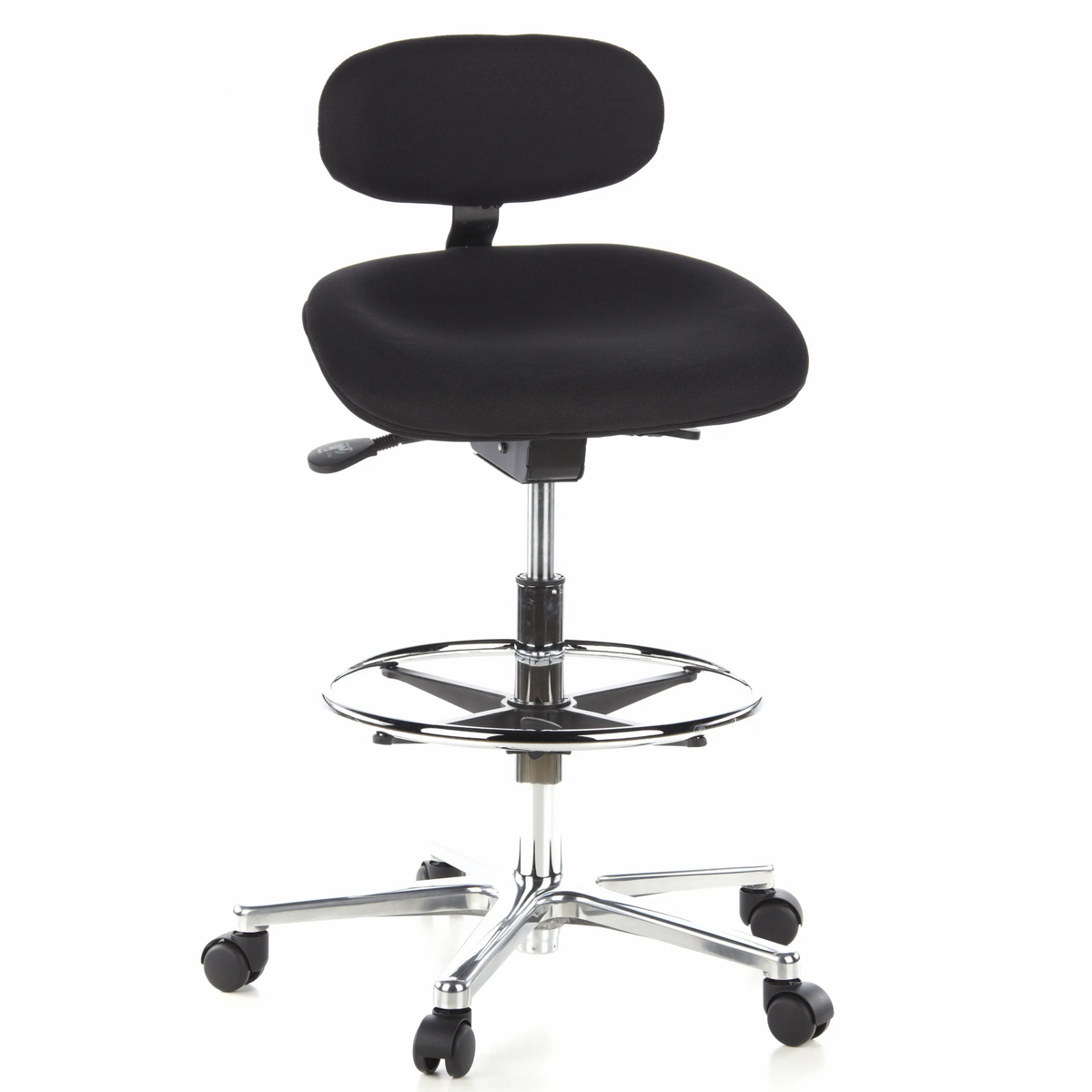 Chaise de comptoir WORK MF noire avec repose-pieds et base à cinq roulettes de hjh OFFICE – vue à 360° (vue de face 20°)