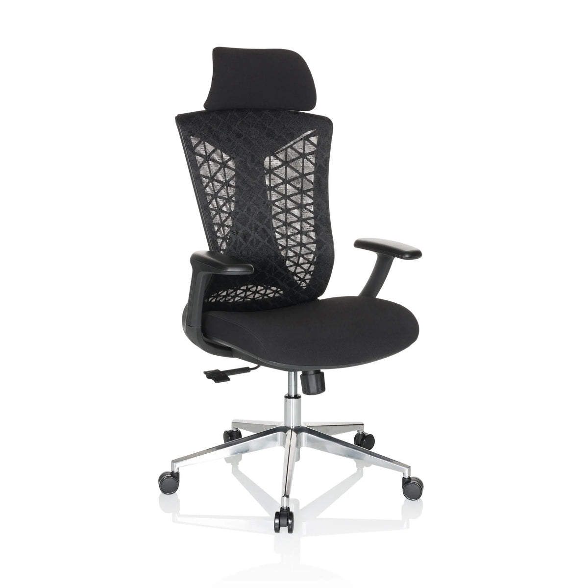 Siège de bureau de qualité professionnelle FALEO B noir avec dossier en maille et piètement à cinq roulettes de hjh OFFICE – vue à 360° (vue de trois quarts avant 30°)