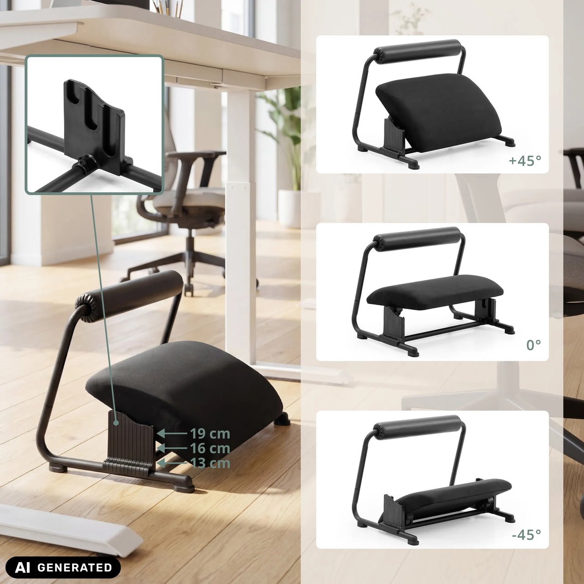 Réglage de la hauteur et de l'inclinaison du repose-pieds Podi Velvet en trois positions de hjh OFFICE (image générée par IA)