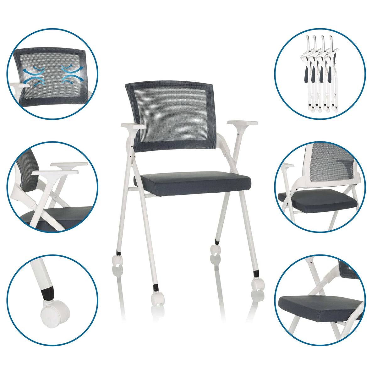Chaise pliante PRIORITY II W grise avec dossier en maille, pieds blancs et roulettes de hjh OFFICE