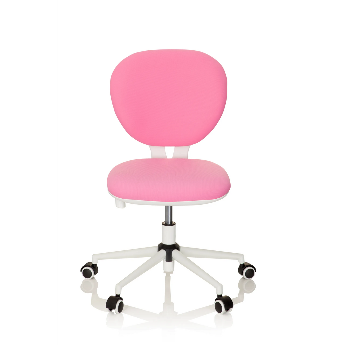 Chaise pivotante pour des enfants KID VIVO rose avec pied en étoile blanc et cinq roulettes de hjh OFFICE – vue à 360° (vue de face 0°)