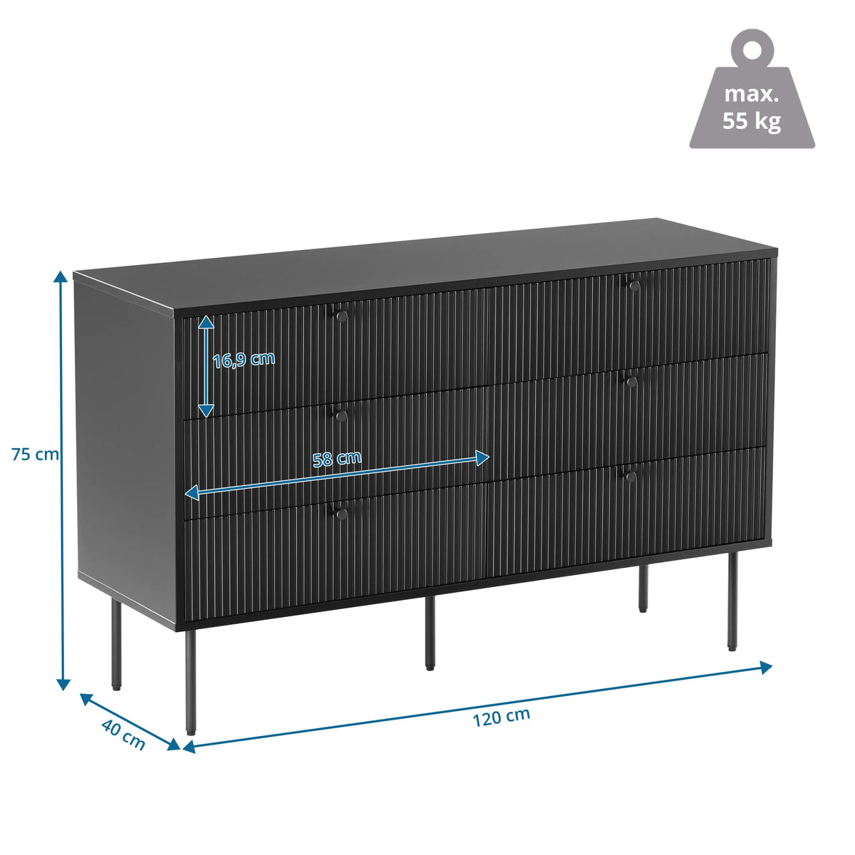 Dessin dimensionnel du Buffet KARBY S de 120 × 40 cm de hjh LIVING