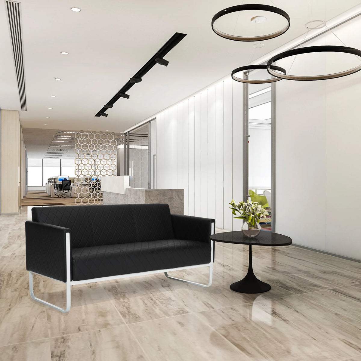 Canapé lounge ARUBA STEP noir trois places avec revêtement capitonné et structure en métal argenté de hjh OFFICE