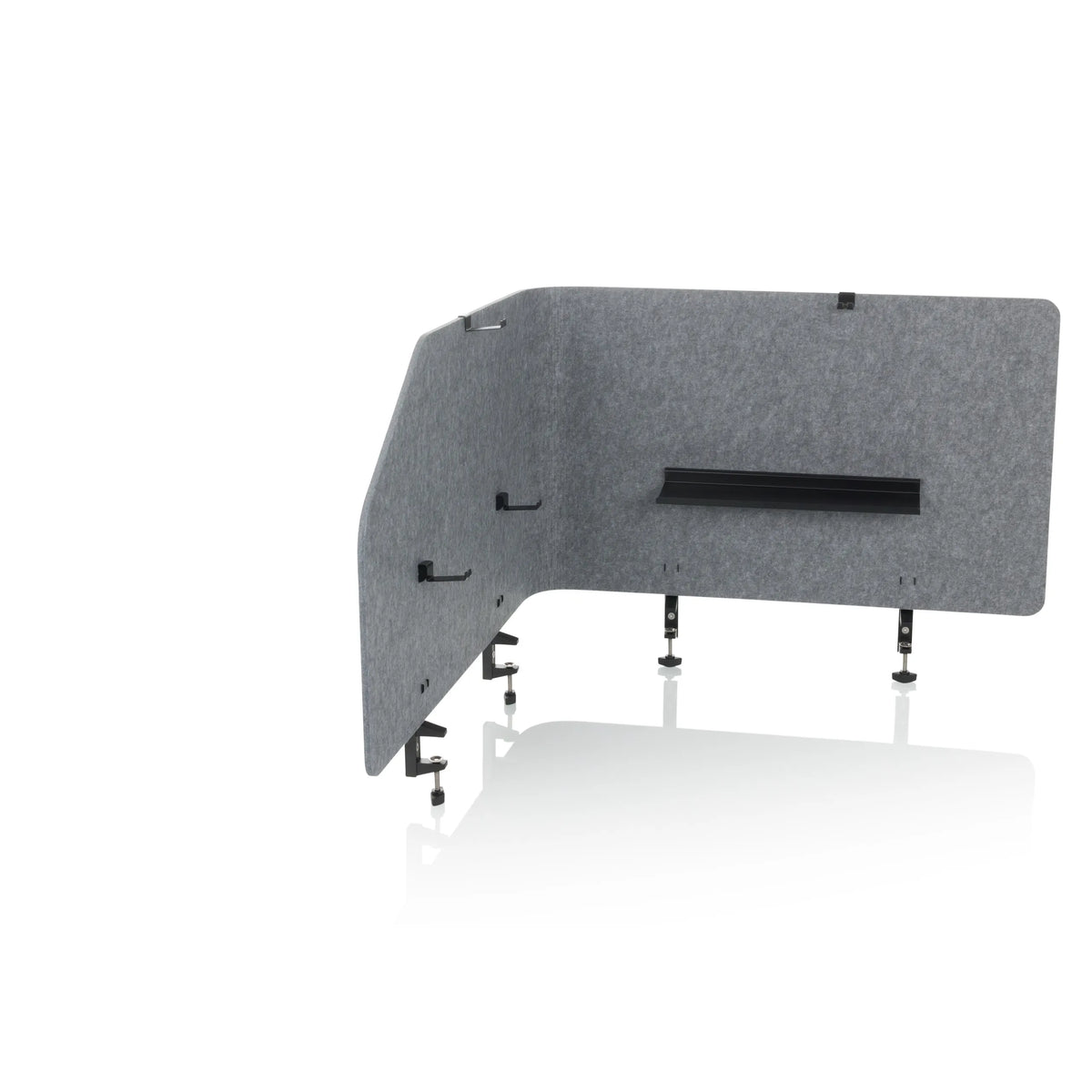 Cloison de table FLEXMIUT T TOP grise avec tablette intégrée et pinces de fixation de hjh OFFICE – vue à 360° (vue de trois quarts avant 30°)