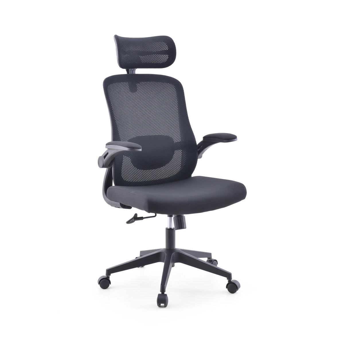 Siège de bureau à domicile Vertuflex noir avec dossier en maille et base à cinq roulettes de MyBuero – vue à 360° (vue de trois quarts avant 30°)