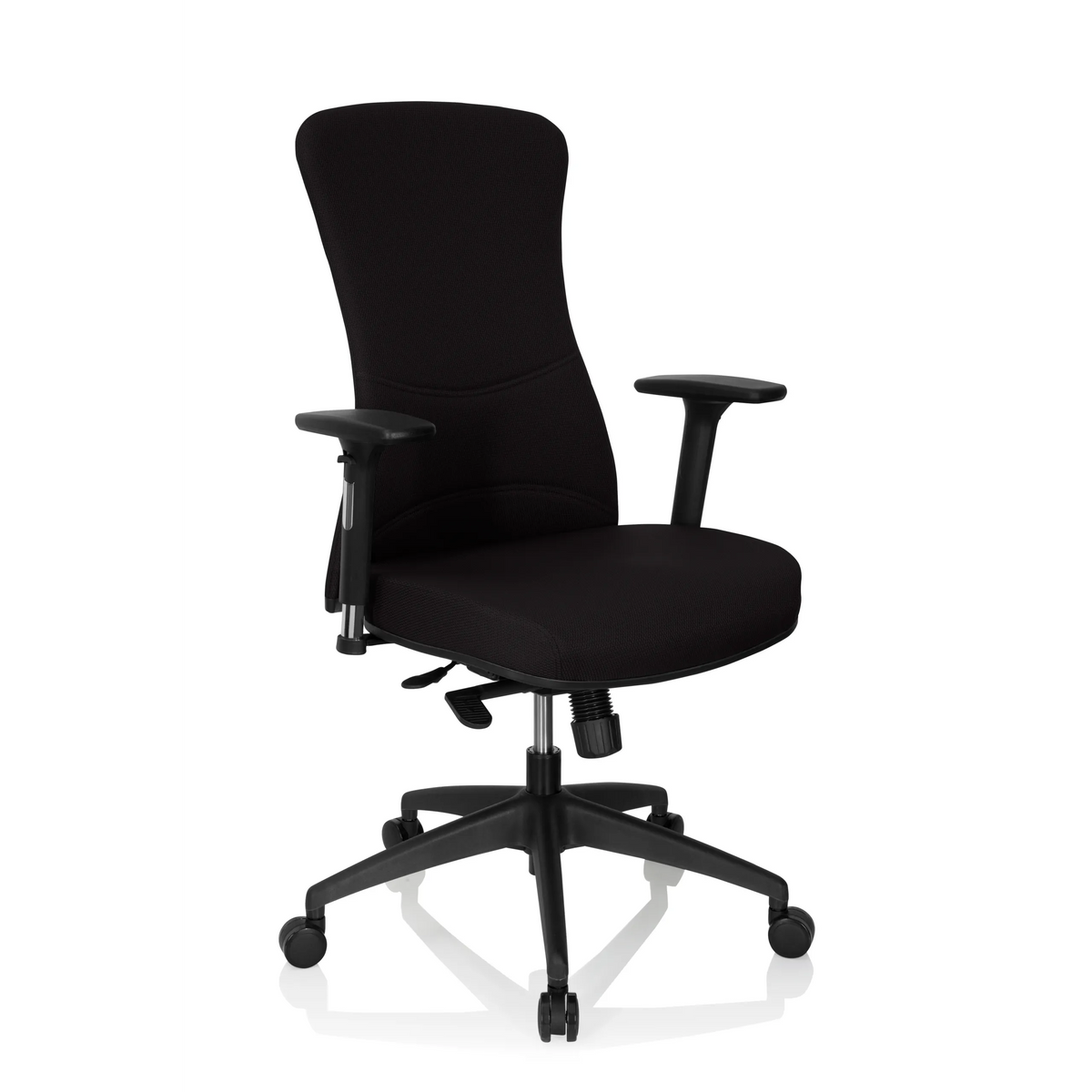 Siège de bureau de qualité professionnelle OFFICE XT PRO noir avec accoudoirs et base à cinq roulettes de hjh OFFICE – vue à 360° (vue de trois quarts avant 40°)
