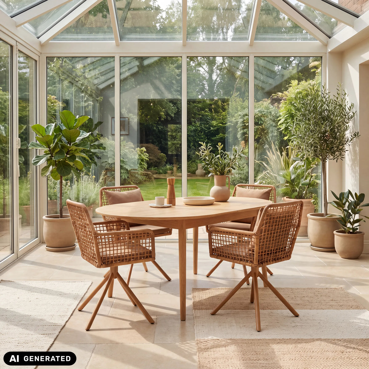 Chaises rembourrées marron Tavaro Korvik avec tressage à une table ovale en bois de hjh LIVING (image générée par IA)