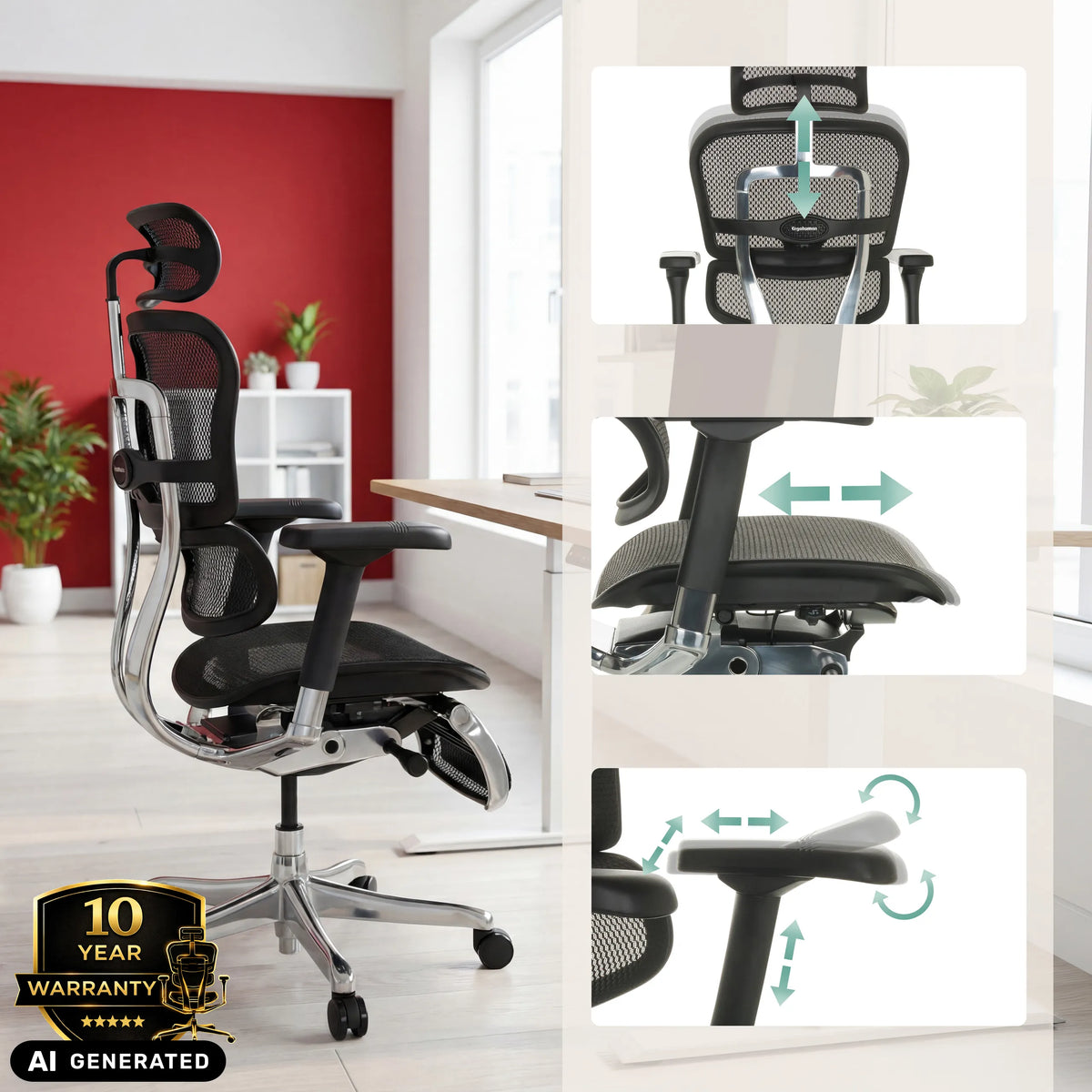 Appuie-tête et accoudoirs réglables du siège de direction de luxe ERGOHUMAN PLUS LEGPRO GEN2 de hjh OFFICE (image générée par IA)