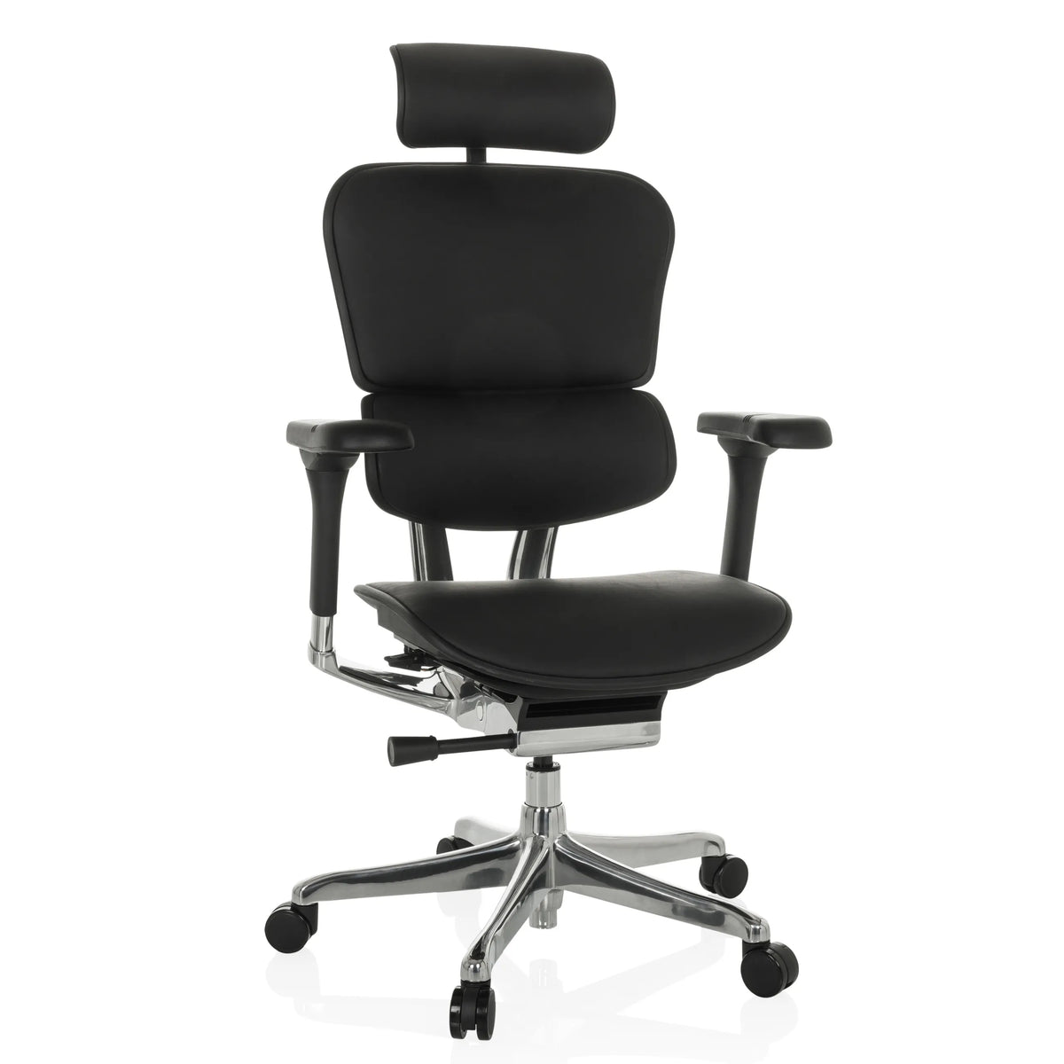 Siège de direction de luxe ERGOHUMAN GEN2 noir en cuir avec appui-tête et pied à cinq roulettes de hjh OFFICE – vue à 360° (vue de face 15°)