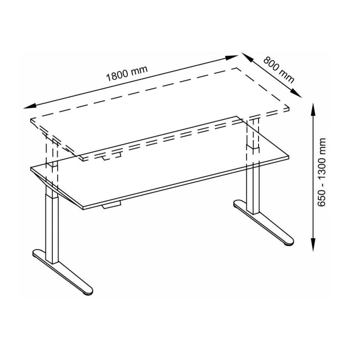 Dessin technique du bureau XBHM 19 SS de 180 × 80 cm de hjh OFFICE PRO