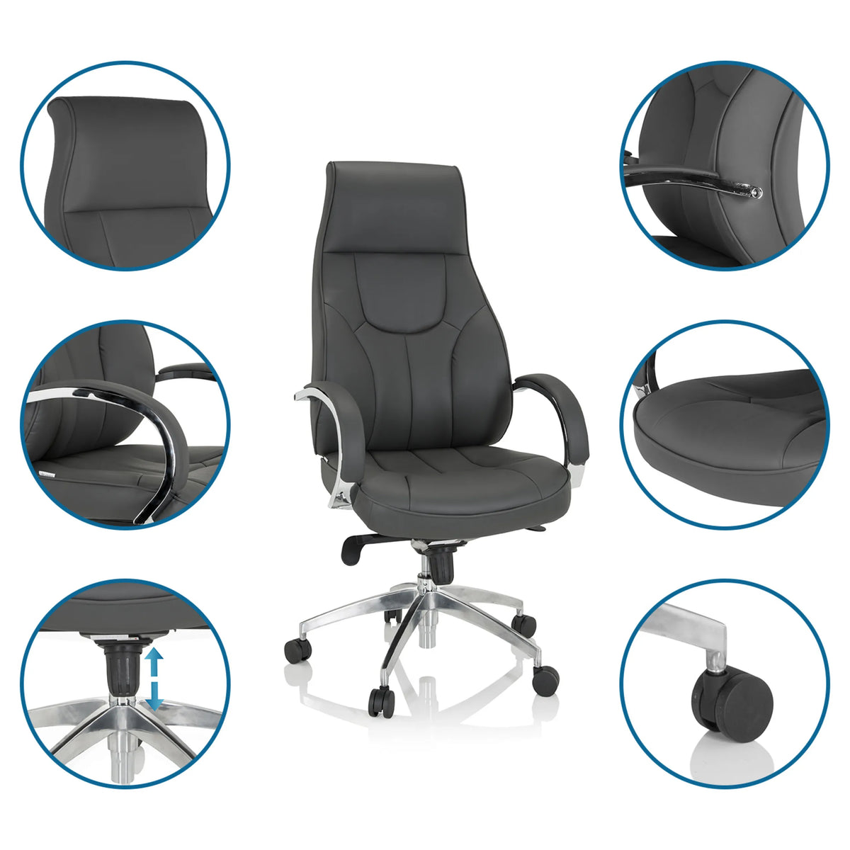 Siège de direction de qualité professionnelle ELEGANCE I gris avec vues détaillées du rembourrage, des accoudoirs et du vérin à gaz de hjh OFFICE