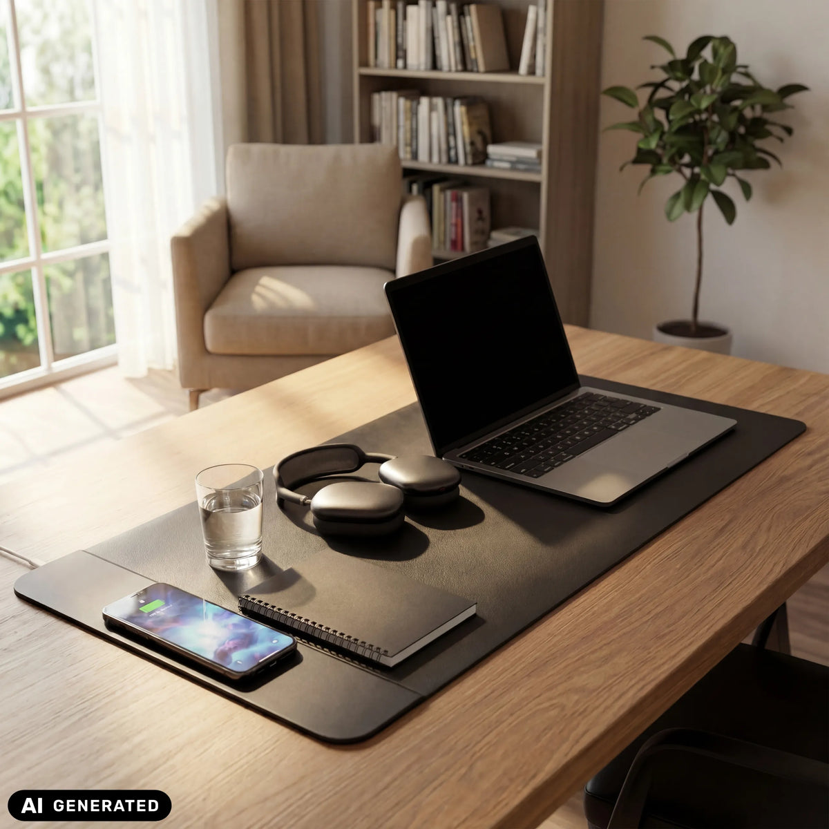 Sous-main de bureau Padflux Power en noir sur une table en bois de hjh OFFICE (image générée par IA)