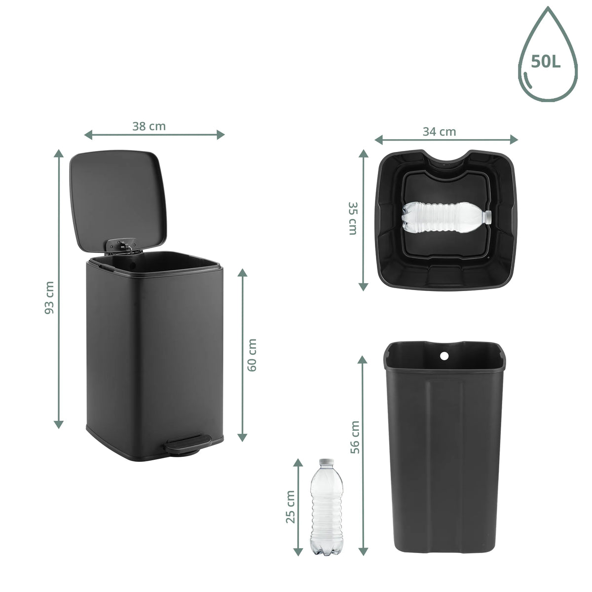Dessin coté de la Poubelle Clean Step 3 avec une capacité de 50 l et une hauteur de 93 cm de hjh OFFICE